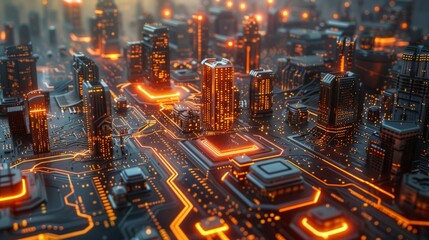 Poster - Futuristic glowing urban area on illuminated circuit board at dusk