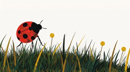 Canvas Print -   Red and Black Ladybug on Green Field with White Balls