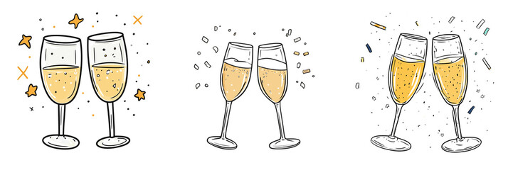 Wall Mural - Clipart. Two champagne glasses clinking with champagne sparklers. Transparent background