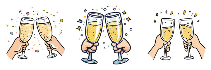 Wall Mural - Clipart. Hands holding two champagne glasses clinking with champagne sparklers. Transparent background