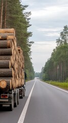 Wall Mural - A large truck carries a heavy load of timber along a scenic highway bordered by lush green trees on a sunny day