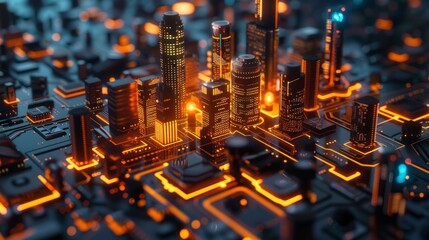 Poster - Futuristic cityscape illuminated by glowing circuitry at night
