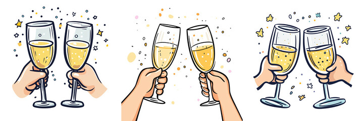 Wall Mural - Clipart. Hands holding two champagne glasses clinking with champagne sparklers. Transparent background