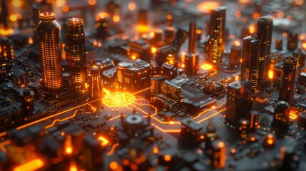 Poster - Luminous cityscape on a glowing circuit board at night