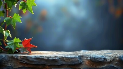 Poster -   A close-up of a leafy plant on a stone wall, with a blurred background in the foreground