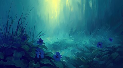 Wall Mural -   A painting of blue flowers in a lush forest, bathed in sunlight filtering through the trees on the right side of the image