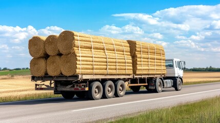 Wall Mural - A truck loaded with hay bales drives on a rural road under a clear blue sky surrounded by lush greenery