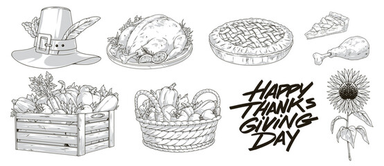 Wall Mural - Thanksgiving day monochrome set labels