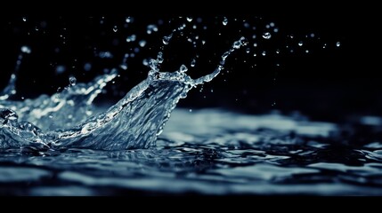 Poster - Close-up of water droplets splashing in a dark setting.