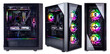 © stockphoto-graf - Set collection of black modern high end gaming computer with glass windows and bright colorful rainbow RGB LED lights in front and side view isolated white  background. esports pc games concept