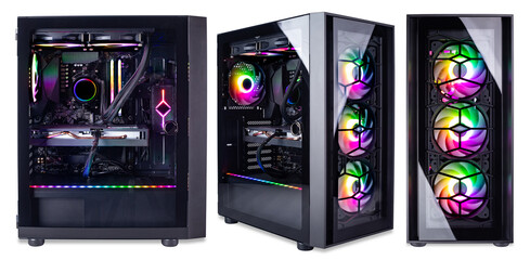 Fototapete - Set collection of black modern high end gaming computer with glass windows and bright colorful rainbow RGB LED lights in front and side view isolated white  background. esports pc games concept
