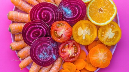 Poster -   A white plate with veggie slices, orange slices, and a pile of carrots