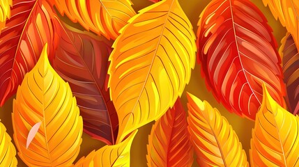 Poster -   A close-up of vibrant orange and red leaves against a lush green background, centered around a sun-yellow hue surrounded by smaller versions of the same