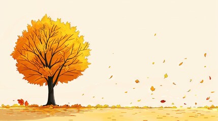 Poster -   A painting of a golden autumn tree with falling leaves on the ground and a yellow sky as the backdrop