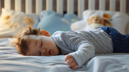 Wall Mural - Funny baby sleeping on his stomach on bed at home. Child daytime bottom up sleeping position