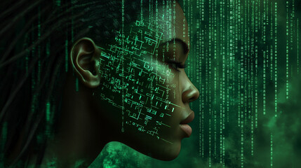 Wall Mural - A digital art piece showcasing the integration of black women and artificial intelligence, with green binary code in the background