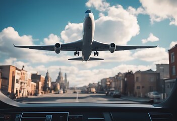 Wall Mural - landscape urban plane car flying view sky illustration gital aeroplane city travel building crash life traffic night stream highway evening paint tube transport