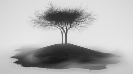 Sticker -   A monochromatic image of two trees standing atop a hill amidst a hazy sky