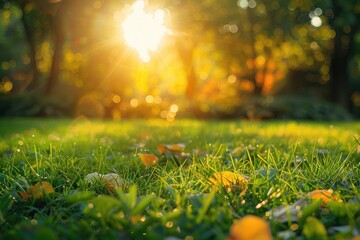 Wall Mural - a bright sun shining through the trees in a grassy field. the sun is the main focus of the image, an
