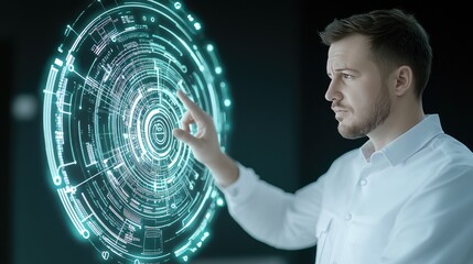 Poster - A business professional engages with an advanced holographic interface, showcasing innovative technology and digital interaction in a sleek office environment