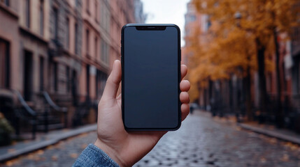 hand holds a smartphone with a blank screen against a blurred background. This image symbolizes connectivity, technology, and potential for communication, showcasing the power of modern devices