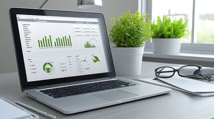Poster - A laptop displays various business charts while a potted plant and notepad are arranged neatly on a modern office desk