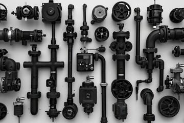 Poster - Image shows multiple types of pipes and valves, suitable for use in illustrations about industry, technology, or infrastructure
