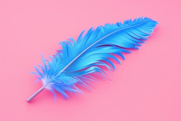 Poster - A single blue feather sitting on a bright pink background