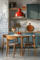 Sticker - Cozy kitchen scene with a table and chairs surrounded by a brick wall