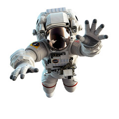 Wall Mural - an realistic astronaut flies and reaches forward the hand in front of his face on white background