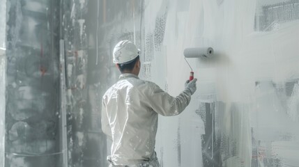 Aufkleber - A person using a paint roller to apply paint to a wall