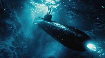 Canvas Print - A submarine is seen submerged in water with a light shining on its surface