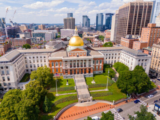 Poster - Massachusetts State House. Capitol Building in Boston. Aerial drone photo circa 2024