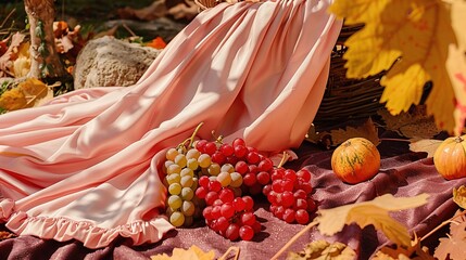 Poster -   A table, topped with grapes, sits near a pile of pumpkins and a pink tablecloth