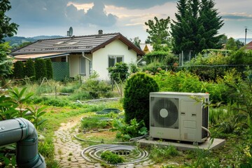 Poster - A small air conditioner sitting in a garden, perfect for a hot summer day or a unique decorative piece