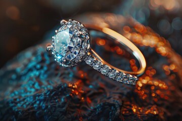 Poster - Close-up shot of a diamond ring resting on a rocky surface, highlighting its sparkle and clarity