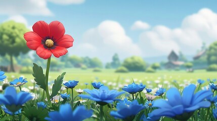 Poster -   A red flower stands out amidst a sea of blue blossoms, framed by a backdrop of azure heavens and fluffy white clouds