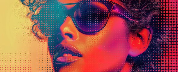 Close-up Portrait of a Woman Wearing Sunglasses with a Red and Blue Dot Pattern Background