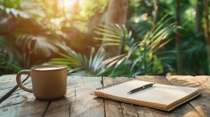 A wooden table with an open notebook has a coffee cup, pen, and a pen