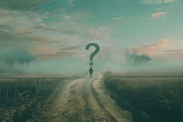 Aufkleber - A person stands on a dirt road marked with a question mark, uncertainty and curiosity expressed