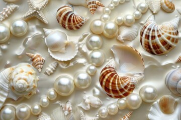 Poster - A collection of seashells and pearls displayed on a table