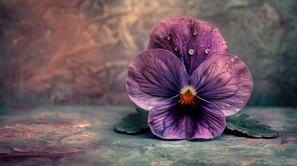 Poster -   A close-up photo of a vibrant purple flower adorned with water droplets and resting atop a green leaf