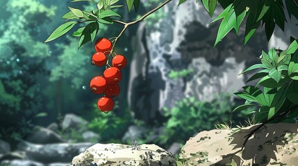 Poster -   A cluster of scarlet berries dangling on a tree above boulders and a tranquil lake with cascading waterfalls behind