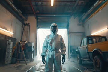 Poster - A person wearing personal protective equipment stands in a garage setting
