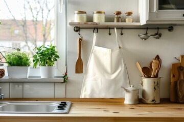Poster - A white apron hangs on a kitchen counter, ready for use