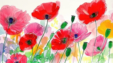 Poster -   A vibrant painting of red, pink, yellow and purple flowers on a white canvas with a lush green stem anchoring it