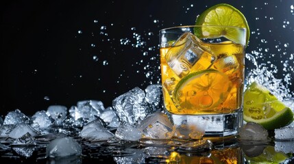 Wall Mural - A glass of gin and tonic with ice and lime slices, perfect for a relaxing evening