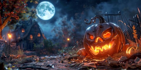 Eerie Halloween scene featuring glowing Jack O'Lantern with spooky face surrounded by fallen leaves, full moon illuminating haunted house in background, seasonal celebration spirit.