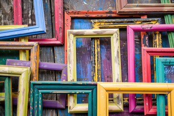 Aufkleber - A collection of differently colored frames on a wooden wall, great for decorative or artistic purposes