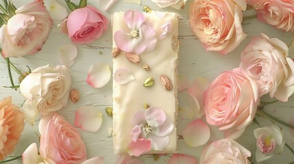 Canvas Print -   A cake on a table, surrounded by pink and white flowers